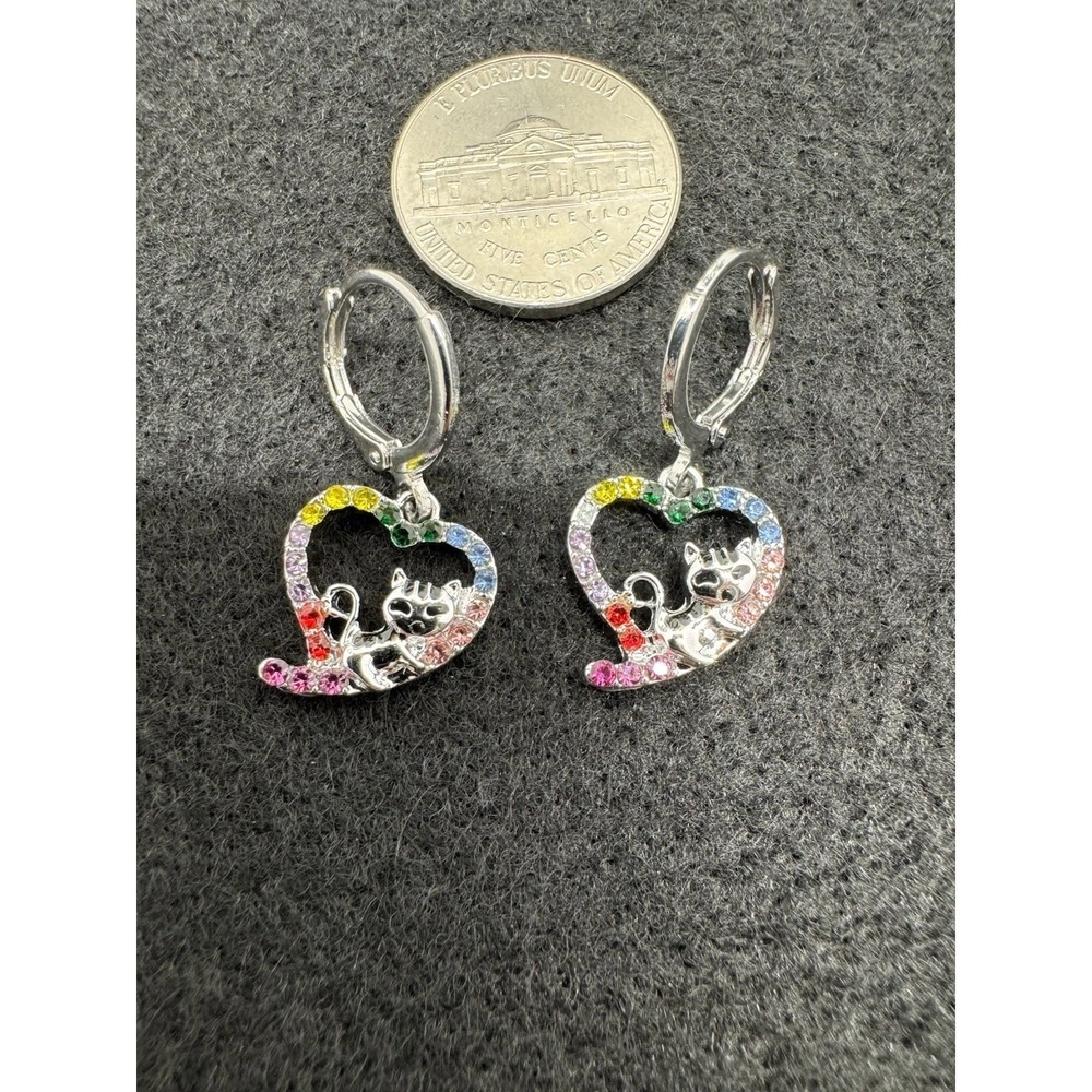 Rainbow Rhinestone Elephant Heart Dangle Earrings Silver Tone Leverback NEW